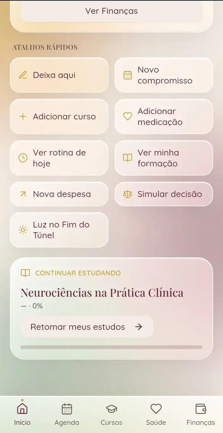 Atalhos do Minha Luz para compromissos, estudos, saúde e finanças